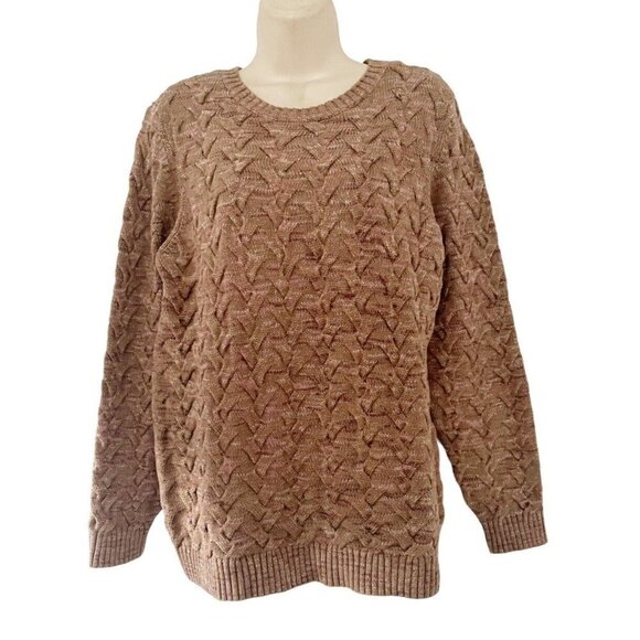 Lands' End Women's Sz M Drifter Light Brown Pink Cable Knit Sweater - Picture 1 of 8